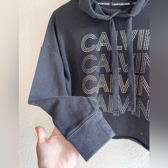 Calvin Klein Jeans Womens Black Crop Rhinestone Hoodie Size M - Picture 10 of 13